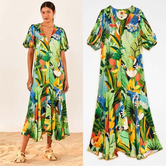 FARM Rio Dresses & Skirts - Farm Rio Vintage Toucans Button Down Midi Dress Size Medium NWT Green Multi